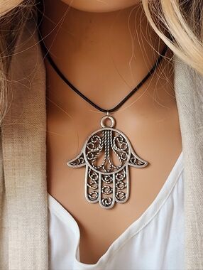 Hamsa Jewelry Hand Pendant black Cord Simple Filigree Silver Necklace